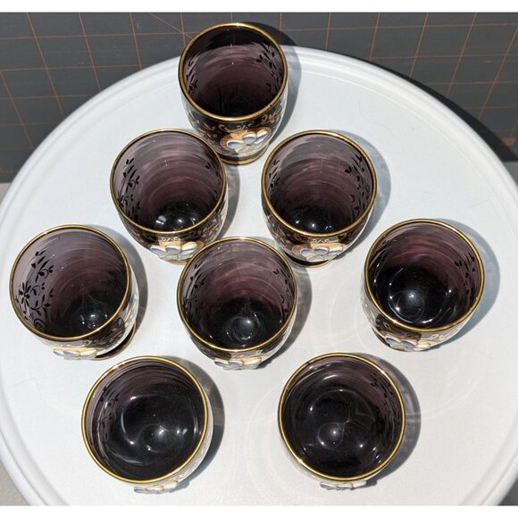Vintage Amethyst Decanter Set 8 Hand-Painted Cups Gold Gilded Raised Floral Desi - Picture 16 of 16